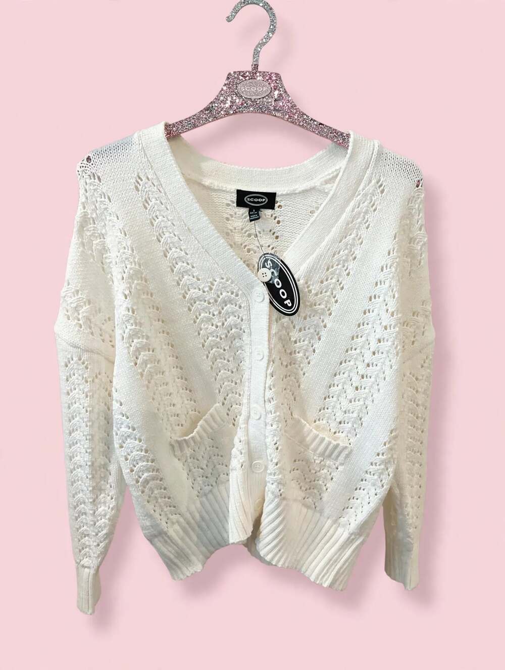 Scoop Women's Pointelle Knit V-Neck Button Cardigan Sweater